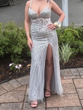 Silver Sequin Evening Gown with Thigh Slit